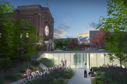 rendering of institutional building at sunset with illuminated underground entrance with glass wall and landscaping in the foreground and connected building in the background on the left