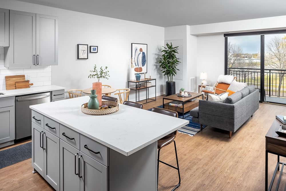 model unit kitchen and living room in Vesi apartment development