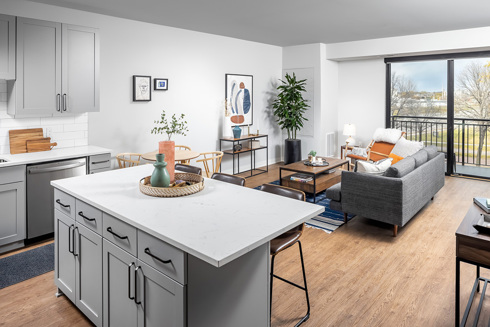 model unit kitchen and living room in Vesi apartment development