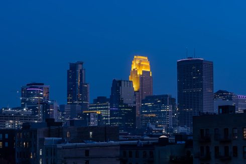 nighttime views of downtown Minneapolis from Vesi apartment development