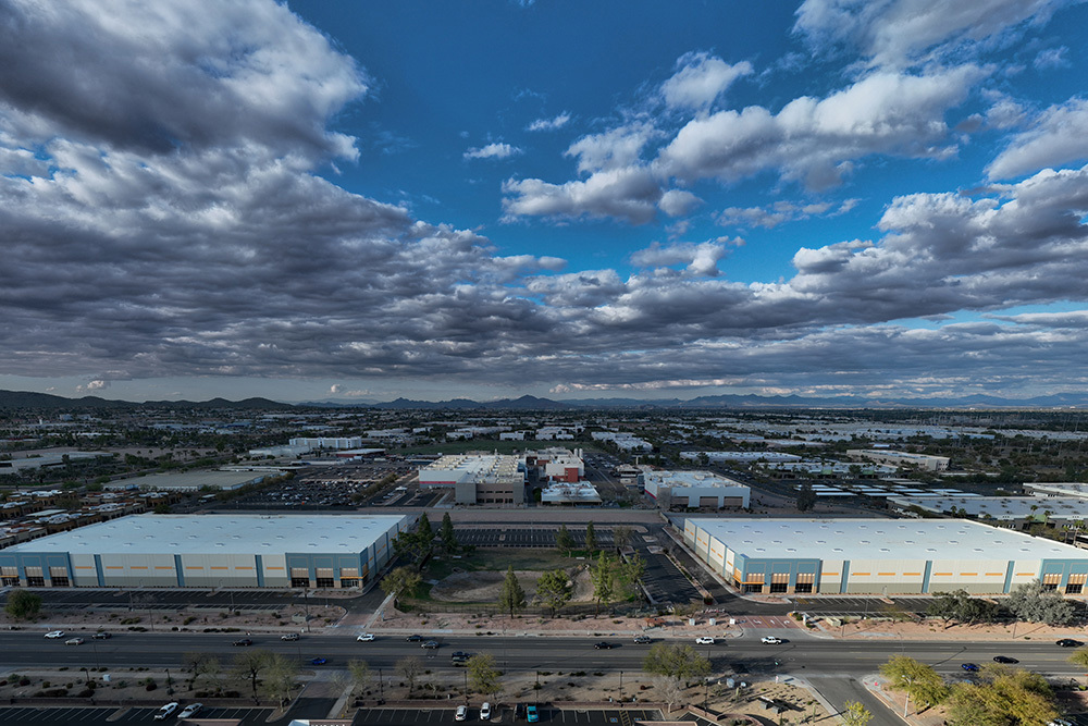 aerial view of two industrial buildings